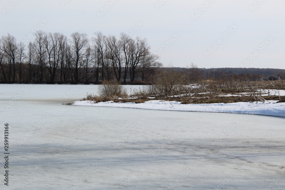 spring landscape with ice-covered river and trees spring landscape with ice-covered river and trees