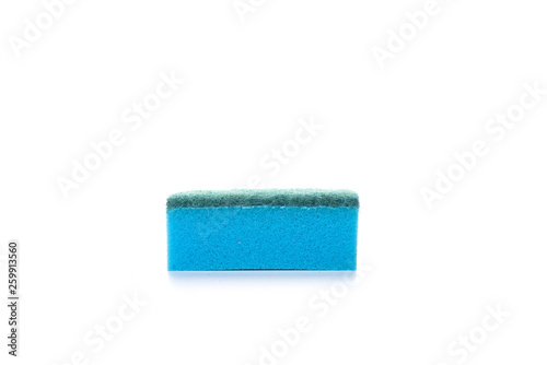 Kitchen blue sponge isolated on white background. The concept of cleanliness and health. Copy space