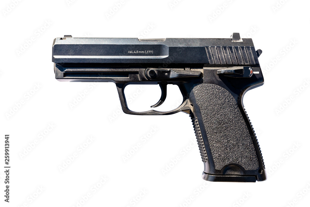 A gun for metal balls with a caliber of 4.5 mm, isolated on a white background with a clipping path and copy space. A gun for metal balls with a caliber of 4.5 mm, isolated on a white background with a clipping path and copy space.