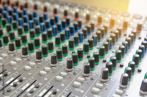 Audio sound mixer control panel.  Sound console buttons for adjust the volume