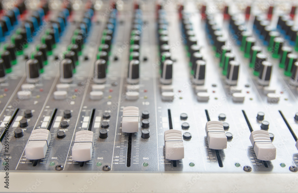 Audio sound mixer control panel. Sound console buttons for adjust the volume Audio sound mixer control panel. Sound console buttons for adjust the volume