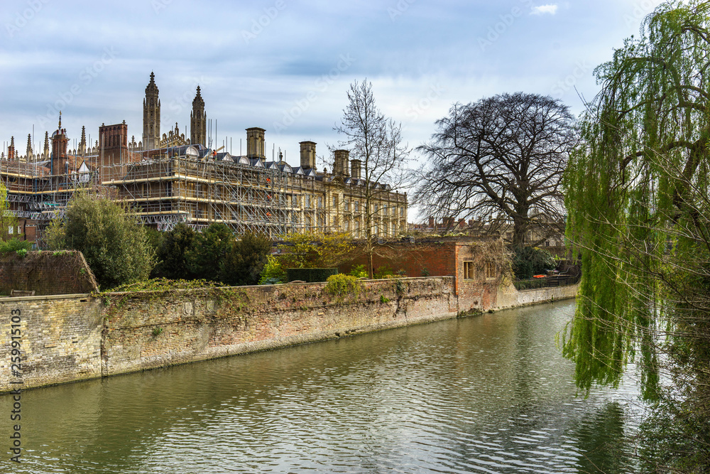 Panoramic view of Clare's college at cloudy day in Cambridge, England