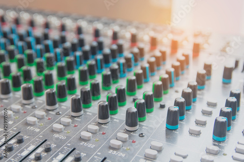 Audio sound mixer control panel.  Sound console buttons for adjust the volume