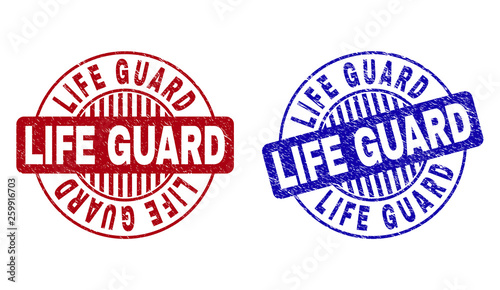 Grunge LIFE GUARD round watermarks isolated on a white background. Round seals with grunge texture in red and blue colors. Vector rubber imitation of LIFE GUARD label inside circle form with stripes.