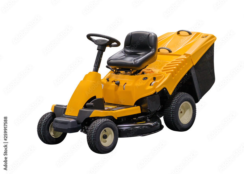 yellow motorized lawn mower isolated on white background yellow motorized lawn mower isolated on white background
