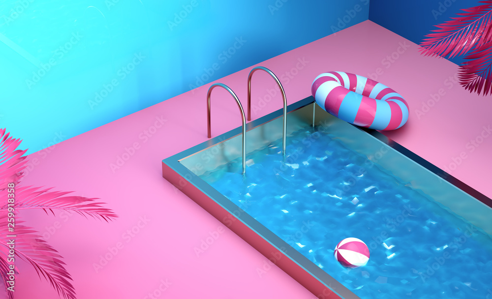 3d render still life composition illustration tropical swimming pool party concepts blue and pink trendy background Colorful beauty abstract theme