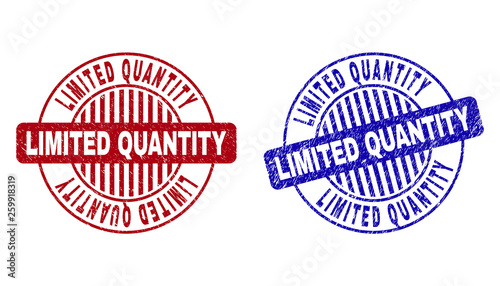 Grunge LIMITED QUANTITY round stamp seals isolated on a white background. Round seals with distress texture in red and blue colors.