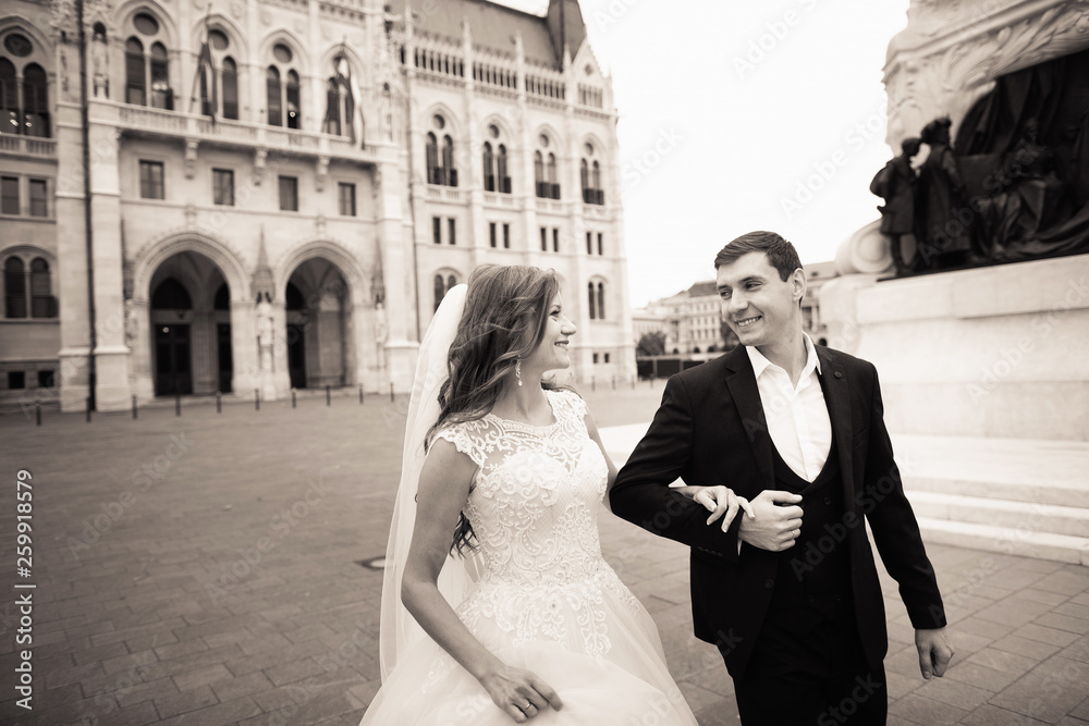 Bride and groom hugging in the old town street. Wedding couple walks in Budapest near Parliament House. Bride and groom hugging in the old town street. Wedding couple walks in Budapest near Parliament House.
