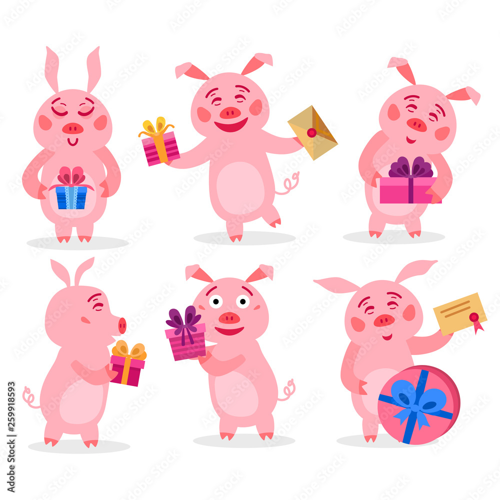 Set of christmas pigs with christmas gifts. Vector
