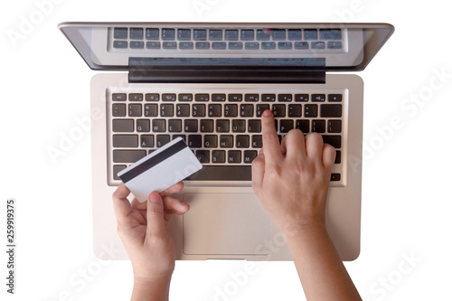 woman hand holding credit card and using laptop making online. payment online, online shopping  isolated on white background with clipping path