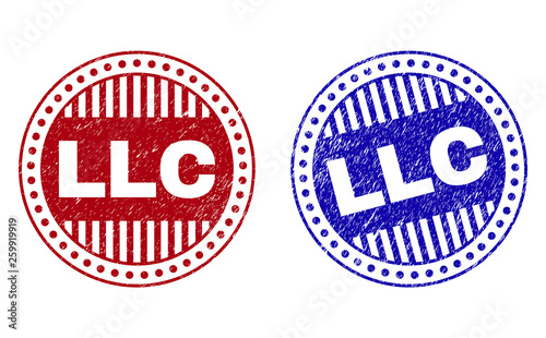 Grunge LLC round stamp seals isolated on a white background. Round seals with distress texture in red and blue colors. Vector rubber imitation of LLC caption inside circle form with stripes.