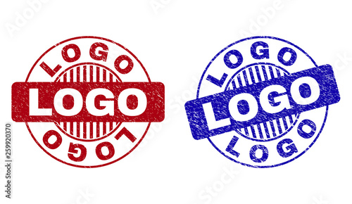 Grunge LOGO round stamp seals isolated on a white background. Round seals with grunge texture in red and blue colors. Vector rubber imprint of LOGO text inside circle form with stripes.