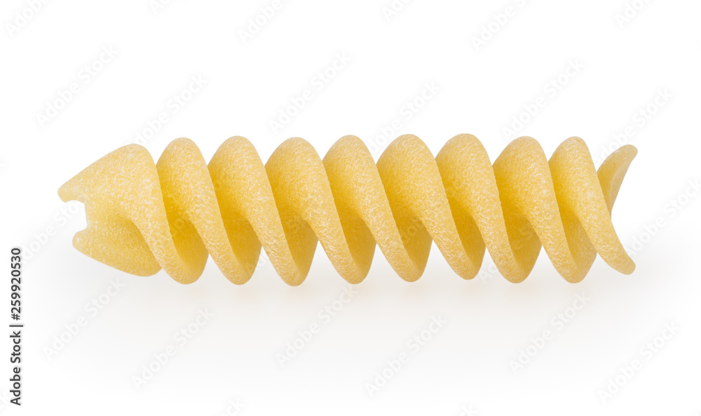 Uncooked fusilli pasta isolated on white background with clipping path