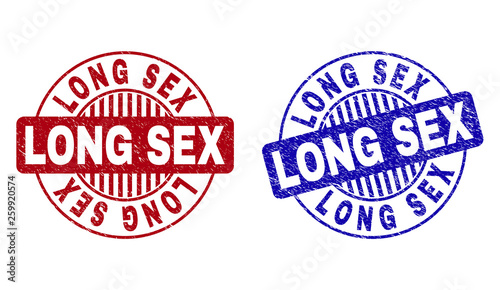 Grunge LONG SEX round stamps isolated on a white background. Round seals with grunge texture in red and blue colors. Vector rubber imitation of LONG SEX label inside circle form with stripes.