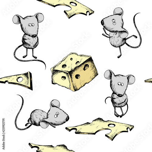 Sliced ​​pieces of cheese and cute mouses seamless pattern sketch. Backdrop, wrapping design, scrapbooking graphics white isolated