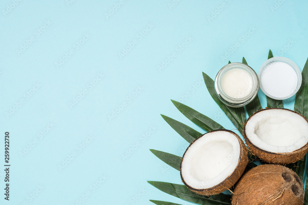 Coconut oil, natural cosmetic flat lay. Coconut oil, natural cosmetic flat lay.