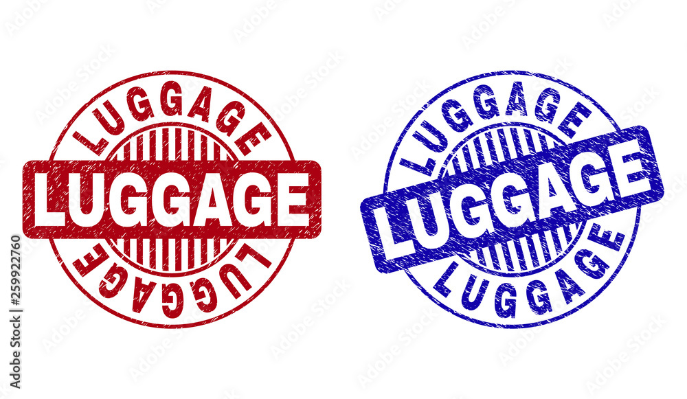 Grunge LUGGAGE round stamp seals isolated on a white background. Round seals with grunge texture in red and blue colors. Vector rubber overlay of LUGGAGE caption inside circle form with stripes.