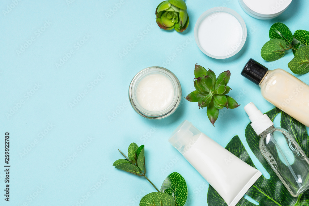 Skin care product, natural cosmetic flat lay.