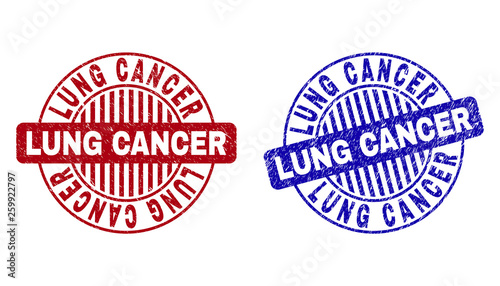 Grunge LUNG CANCER round stamp seals isolated on a white background. Round seals with grunge texture in red and blue colors. Vector rubber overlay of LUNG CANCER text inside circle form with stripes.