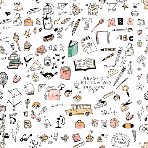 School kids seamless pattern with education elements