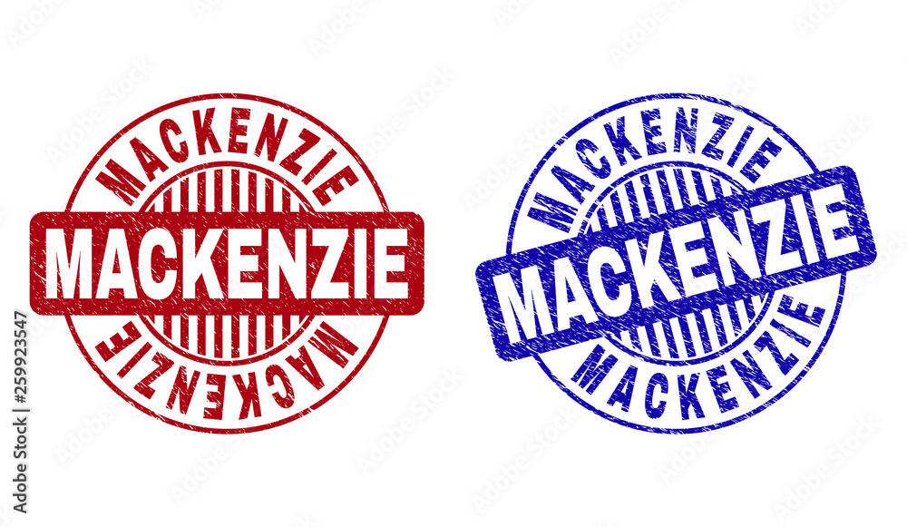 Grunge MACKENZIE round stamp seals isolated on a white background. Round seals with grunge texture in red and blue colors. Vector rubber imitation of MACKENZIE label inside circle form with stripes.