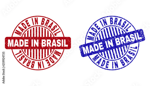 Grunge MADE IN BRASIL round stamp seals isolated on a white background. Round seals with grunge texture in red and blue colors.