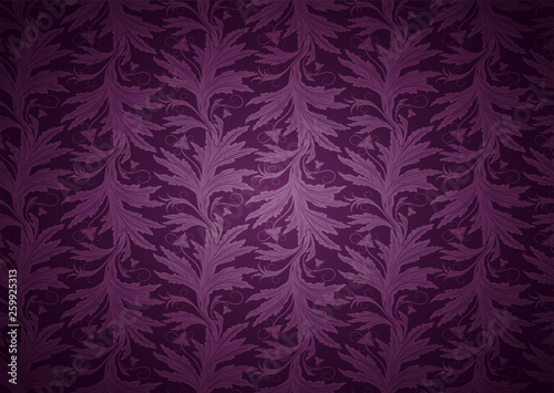 vintage Gothic background in dark purple, magenta, amaranthine with classic floral Baroque pattern, Rococo with darkened edges, vector Eps 10