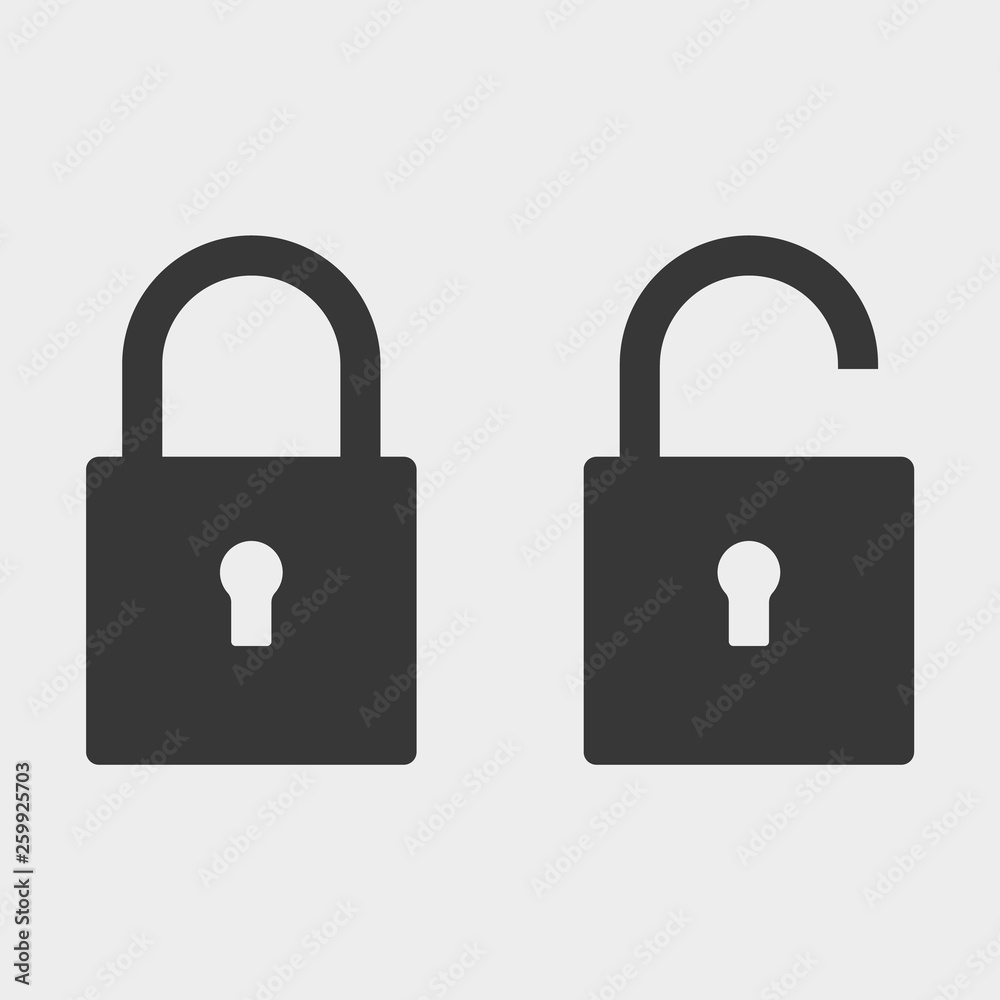 Opened and closed padlock or lock, icon, vector. Lock security sign. Opened and closed padlock or lock, icon, vector. Lock security sign.