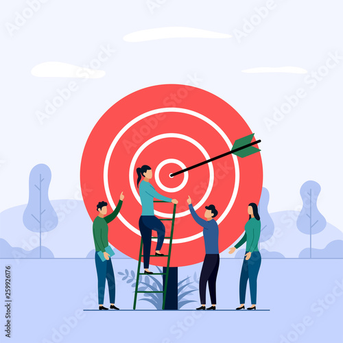 Target business teamwork, arrow hitting a target, business concept vector illustration