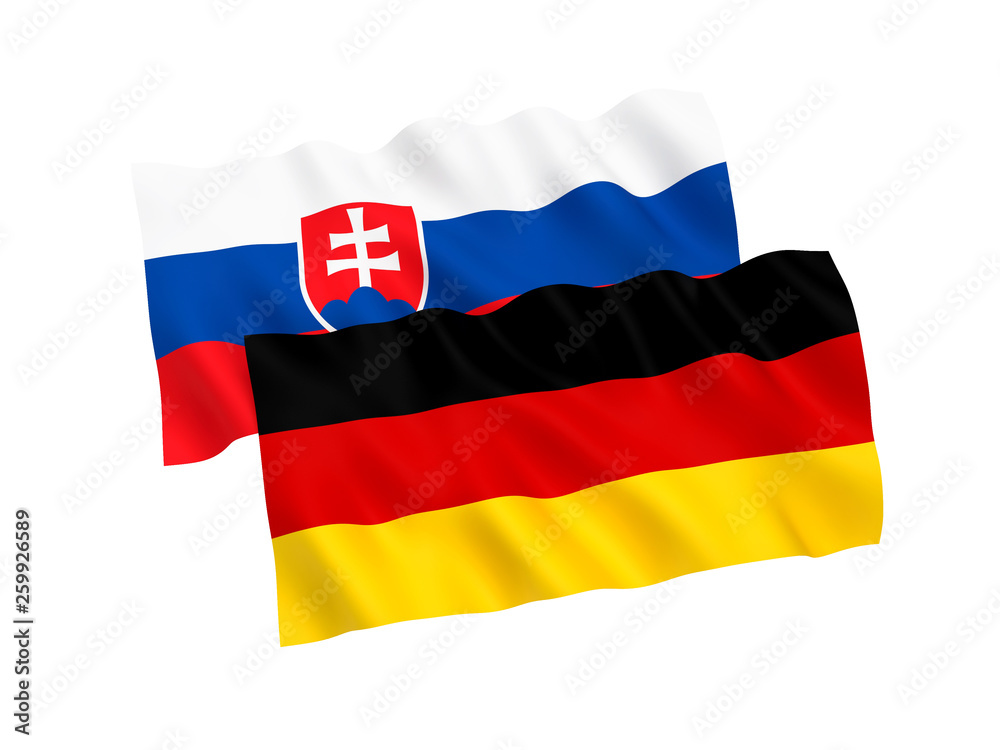 National fabric flags of Germany and Slovakia isolated on white background. 3d rendering illustration. 1 to 2 proportion.