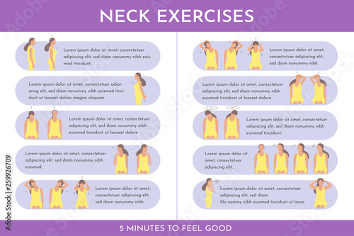 Vector colorful illustration set with neck exercises by girl. Creative concept. Violet and yellow colors