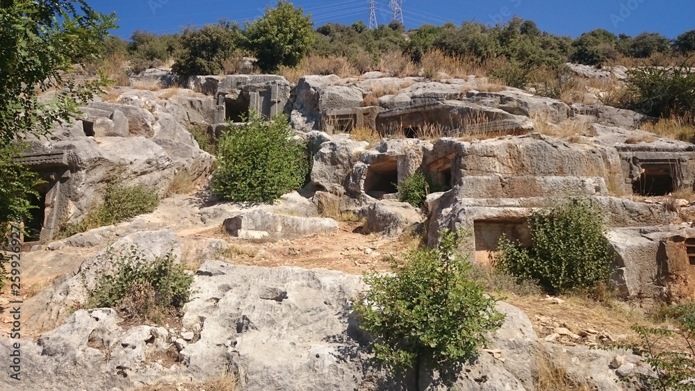 Ancient tombs and tombs in the rocks in Demre, Turkey.