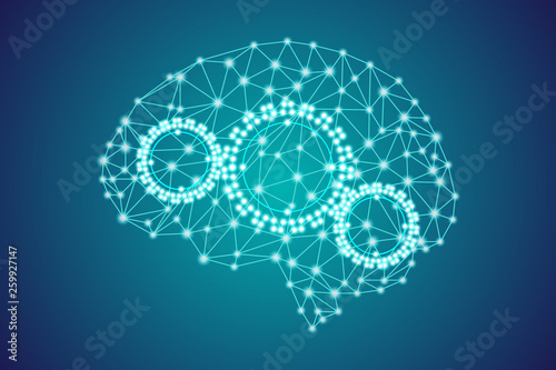3d digital polygonal plexus blue human brain with gears, artificial intelligence thought process concept, new modern scientific technology stock vector illustration background