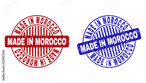 Grunge MADE IN MOROCCO round stamp seals isolated on a white background. Round seals with grunge texture in red and blue colors.