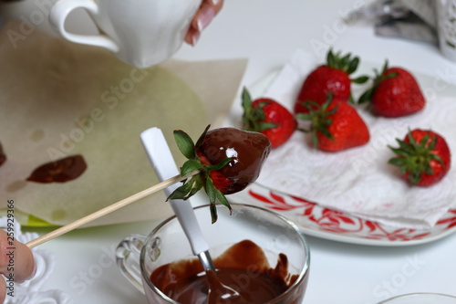 A woman dips strawberries in black melted chocolate. Cooking strawberries glazed in chocolate.