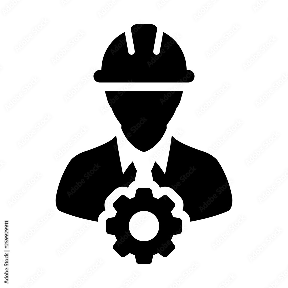 Gear icon vector male construction worker person profile avatar with hardhat helmet in flat color glyph pictogram illustration