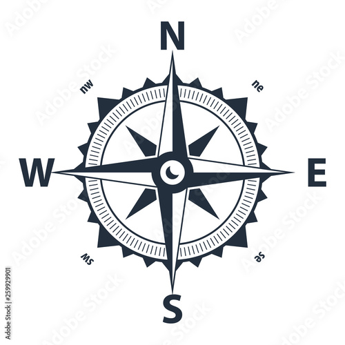Vector compass. Simple flat symbol. Marine navigation symbol with rose with North, South, East and West indicated