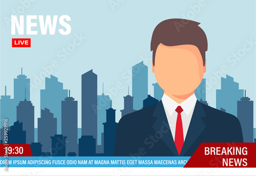 TV news studio with broadcaster. News Anchor on TV. Vector Illustration in flat design
