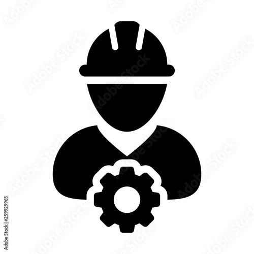 Engineer icon vector male construction worker person profile avatar with gear cogwheel and hardhat helmet in flat color glyph pictogram illustration