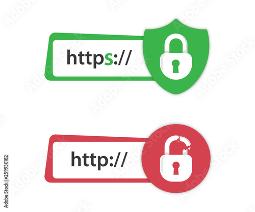 Secure connection. Secured ssl shield and padlock symbols. http https. Safe and Secure Wev Browsing. Safe and Secure https