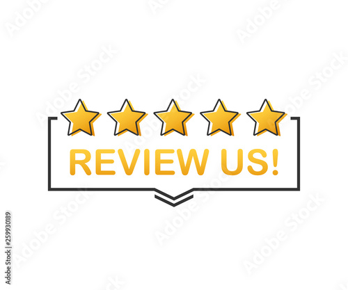 Review us! User rating concept. Review and rate us stars. Business concept. Vector illustration.