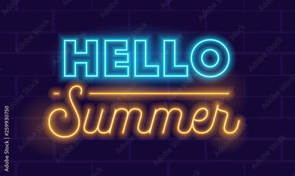 Hello Summer Highly Detailed Realistic Neon Glowing Typography on Dark Blue Background