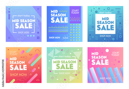 Set of Colorful Banners with Abstract Geometric Pattern for Mid Season Sale. Promo Post Design Templates for Social Media Digital Marketing. Flyers for Influencer Brand Promotion. Vector Illustration