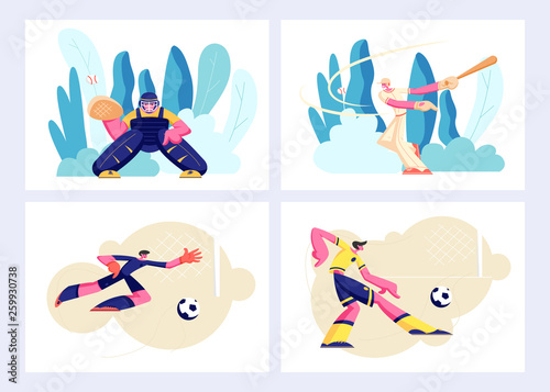 Various Kind of Sport Set, Games and Players in Action. Baseball Catcher, Batter, Football Soccer Attack Man, Goalkeeper Sport Characters in Team Uniform, Competition. Cartoon Flat Vector Illustration