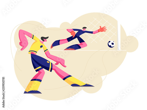 Couple of Young Men in Sports Uniform Practicing Football Game, Soccer Player Kicking Ball, Goalkeeper Catching it in Bounce, Male Characters Take Part in Competition. Cartoon Flat Vector Illustration