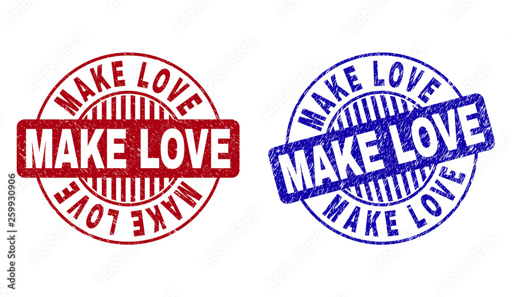 Grunge MAKE LOVE round stamp seals isolated on a white background. Round seals with grunge texture in red and blue colors. Vector rubber imprint of MAKE LOVE label inside circle form with stripes. Grunge MAKE LOVE round stamp seals isolated on a white background. Round seals with grunge texture in red and blue colors. Vector rubber imprint of MAKE LOVE label inside circle form with stripes.