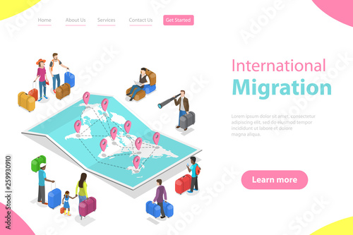 Isometric flat vector landing page template of international migration, immigration, refugee crisis.