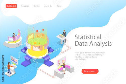 Flat isometric vector landing page template of statictical data analysis and analytics, audit report, company performance analysis.