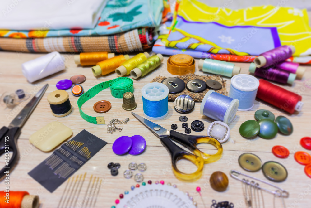 sewing and handicraft supplies on the table sewing and handicraft supplies on the table