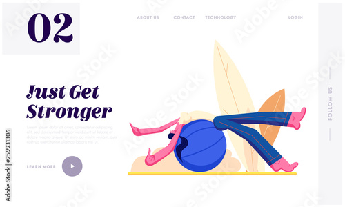 Athlete Woman Character Training with Fitball Openair, Sporty Activity, Fitness and Aerobics Lifestyle, Girl Engaging Sport. Website Landing Page, Web Page. Cartoon Flat Vector Illustration, Banner